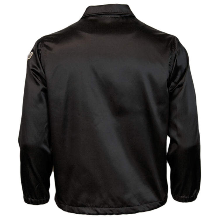The EFF New York Giants 1954 Satin Windbreaker is a black, long-sleeve baseball jacket with shiny satin fabric, elastic waistband and cuffs, plus a small white logo on the upper right sleeve—ideal for MLB vintage style.