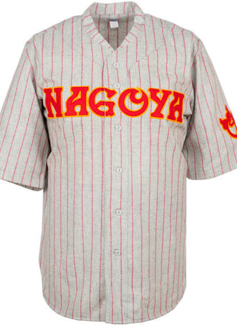 The EFF Nagoya Club 1938 Road Jersey features gray fabric with red pinstripes, NAGOYA in bold red and yellow on the chest, a flame patch on the left sleeve—an authentic Japanese League Chunichi Dragons jersey.