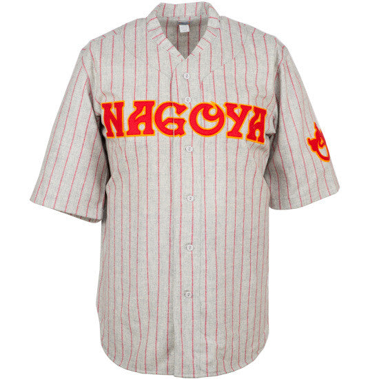 The EFF Nagoya Club 1938 Road Jersey features gray fabric with red pinstripes, NAGOYA in bold red and yellow on the chest, a flame patch on the left sleeve—an authentic Japanese League Chunichi Dragons jersey.