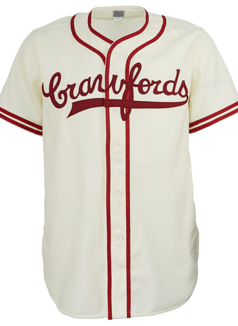 The EFF Pittsburgh Crawfords 1944 Home Jersey is an authentic cream-colored reproduction with red trim and buttons, featuring Crawfords in red script—paying tribute to a Negro National League classic.