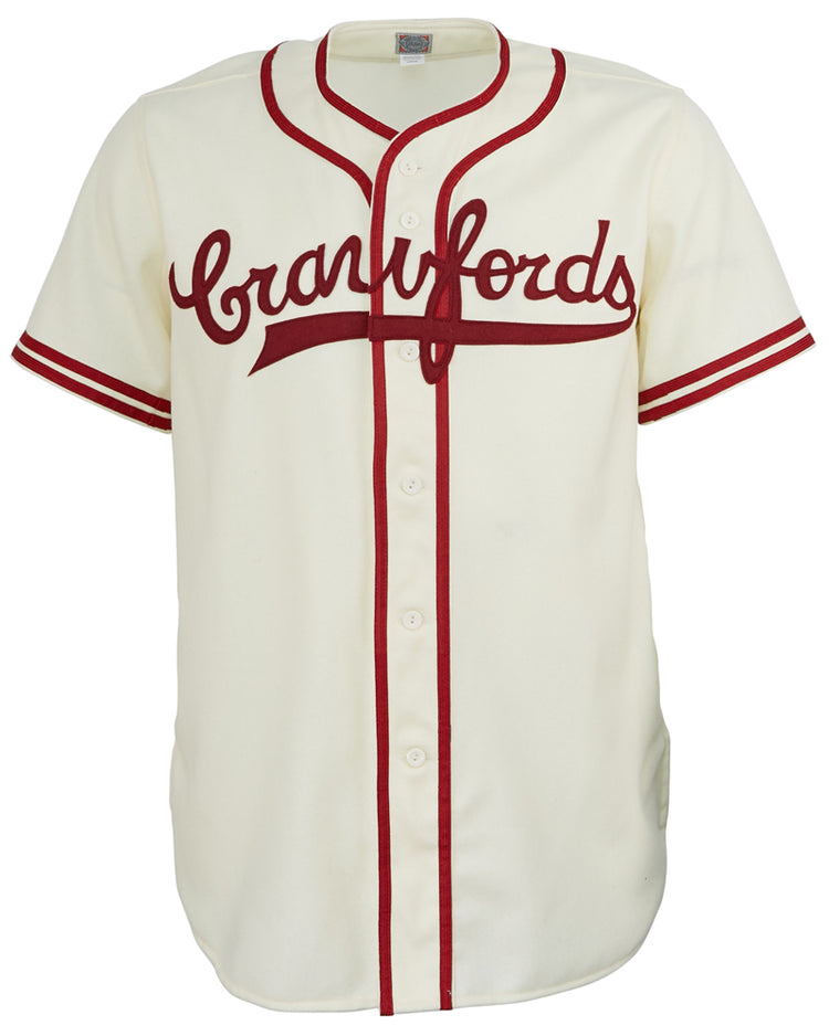The EFF Pittsburgh Crawfords 1944 Home Jersey is an authentic cream-colored reproduction with red trim and buttons, featuring Crawfords in red script—paying tribute to a Negro National League classic.