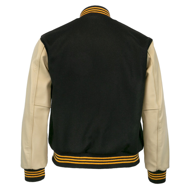 Back view of the EFF Pittsburgh Pirates 1960 Authentic Jacket with a black wool body, beige leather sleeves, and black-and-yellow striped ribbed collar, cuffs, and waistband. Inspired by the 1960 World Series.