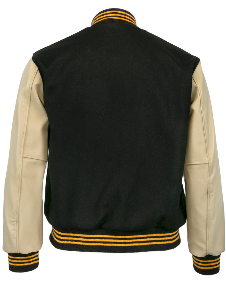 Back view of the EFF Pittsburgh Pirates 1960 Authentic Jacket with a black wool body, beige leather sleeves, and black-and-yellow striped ribbed collar, cuffs, and waistband. Inspired by the 1960 World Series.