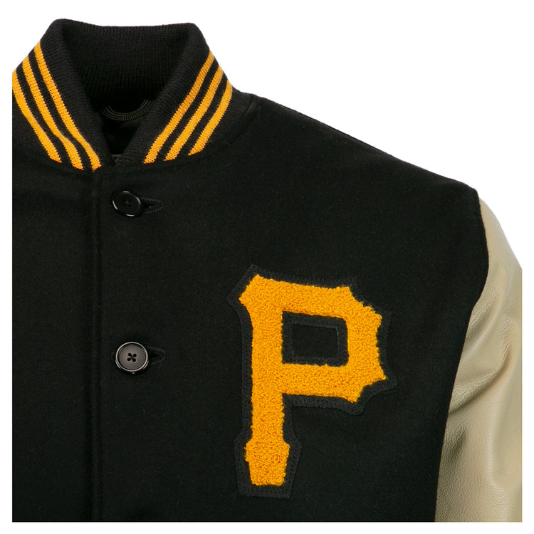 Close-up of the EFF Pittsburgh Pirates 1960 Authentic Jacket featuring a black varsity style, yellow-striped collar, large yellow P patch, black buttons, and a beige leather sleeve—styled after the classic 1960 World Series jacket.