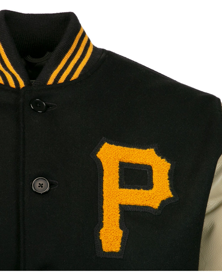 Close-up of the EFF Pittsburgh Pirates 1960 Authentic Jacket featuring a black varsity style, yellow-striped collar, large yellow P patch, black buttons, and a beige leather sleeve—styled after the classic 1960 World Series jacket.