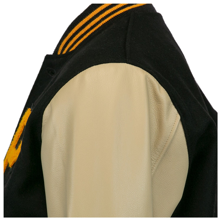 Close-up of the EFF Pittsburgh Pirates 1960 Authentic Jacket, showcasing a cream leather sleeve, black wool body, and yellow-black striped ribbed collar inspired by the classic team style.