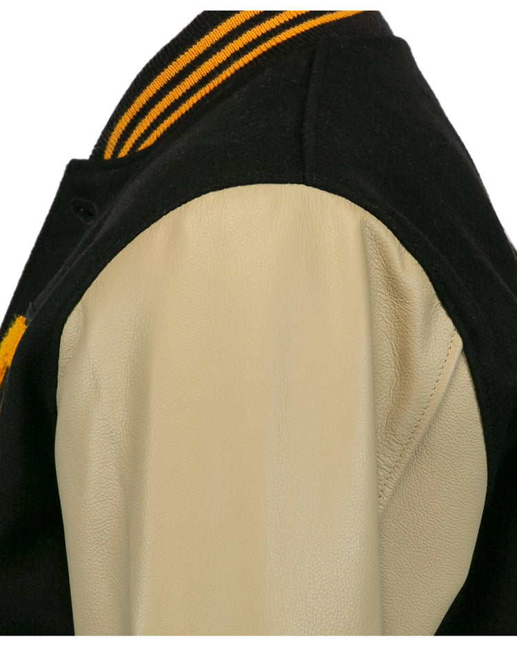 Close-up of the EFF Pittsburgh Pirates 1960 Authentic Jacket, showcasing a cream leather sleeve, black wool body, and yellow-black striped ribbed collar inspired by the classic team style.