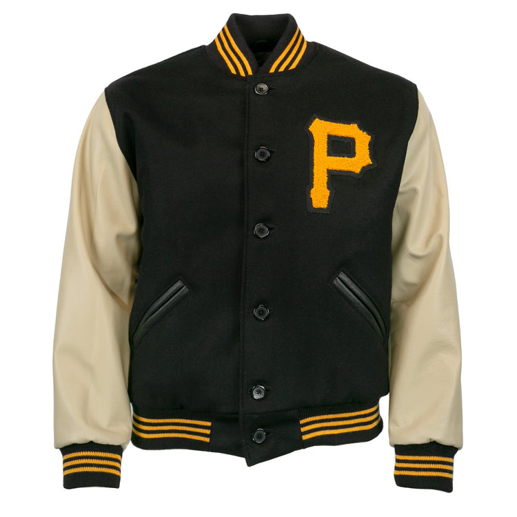The EFF Pittsburgh Pirates 1960 Authentic Jacket features black fabric, cream leather sleeves, yellow and black striped cuffs and collar, plus a large yellow P on the left chest.