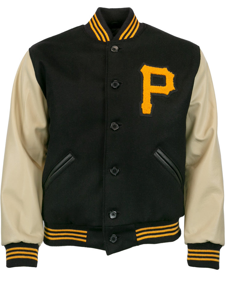 The EFF Pittsburgh Pirates 1960 Authentic Jacket features black fabric, cream leather sleeves, yellow and black striped cuffs and collar, plus a large yellow P on the left chest.