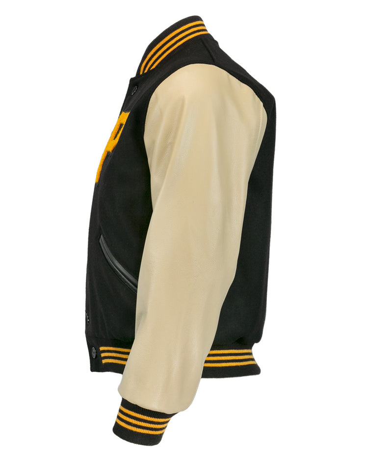 Side view of the EFF Pittsburgh Pirates 1960 Authentic Jacket, featuring cream leather sleeves, black body, black/yellow striped collar, cuffs, and hem, and a yellow chest patch—design inspired by the 1960 World Series.