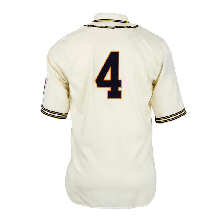 The EFF University of Pittsburgh 1939 Jersey is a cream-colored, classic collegiate baseball style with black and gold trim and a large number 4 in black outlined in gold on the back.