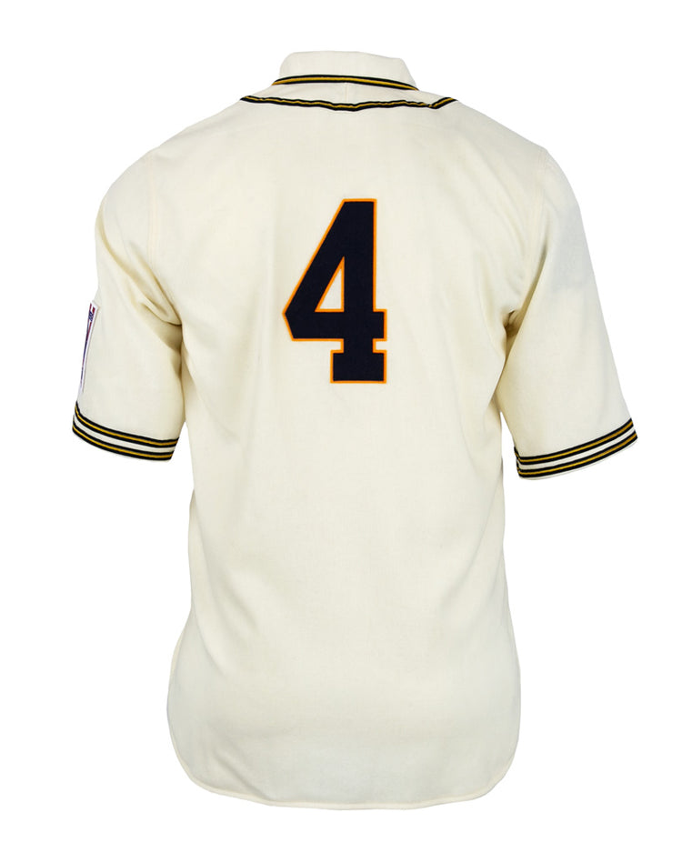 The EFF University of Pittsburgh 1939 Jersey is a cream-colored, classic collegiate baseball style with black and gold trim and a large number 4 in black outlined in gold on the back.