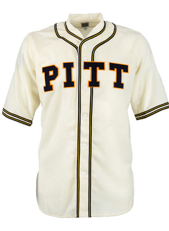The EFF University of Pittsburgh 1939 Jersey is a cream authentic collegiate baseball jersey with black and gold trim, PITT across the front, center buttons, and striped sleeves and collar.