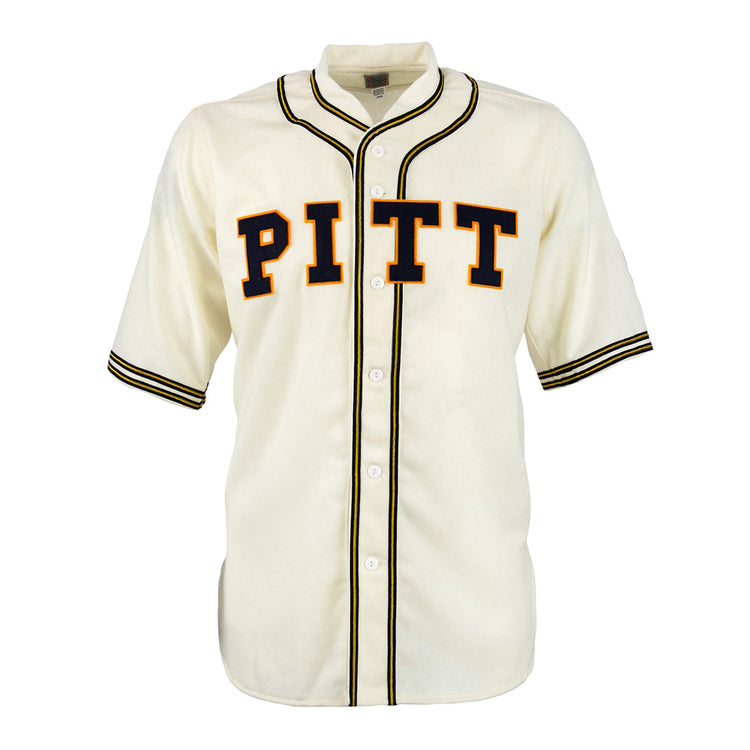 The EFF University of Pittsburgh 1939 Jersey is a cream authentic collegiate baseball jersey with black and gold trim, PITT across the front, center buttons, and striped sleeves and collar.