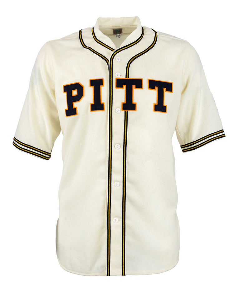 The EFF University of Pittsburgh 1939 Jersey is a cream authentic collegiate baseball jersey with black and gold trim, PITT across the front, center buttons, and striped sleeves and collar.