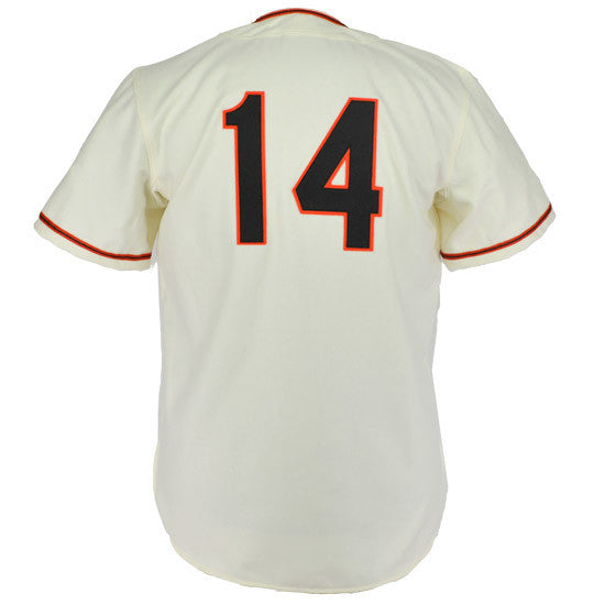 The EFF Pauls Valley Raiders 1954 Home Jersey is a white baseball jersey with red and black trim, featuring large black and red-outlined number 14 on the back—an authentic tribute to the Sooner State League team.