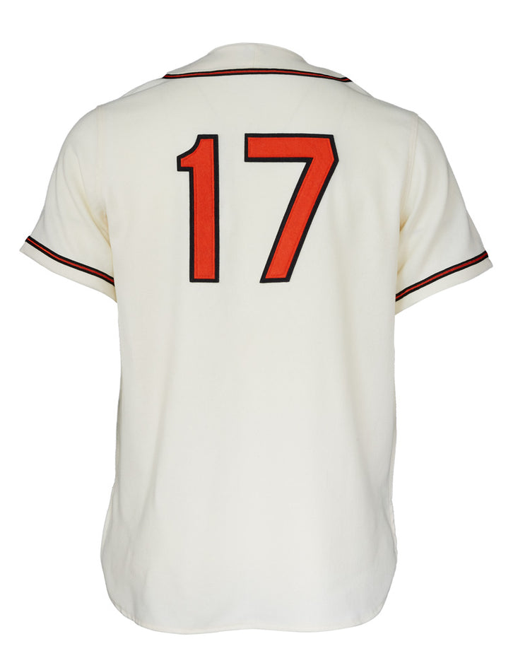 The EFF Pittsburgh Crawfords 1938 Home Jersey is a white short-sleeve design with black and red trim and large red-black number 17 on the back, paying tribute to Satchel Paige and the legendary Negro National League team.