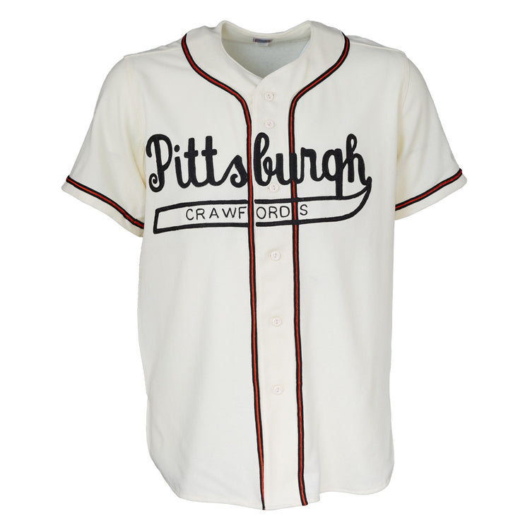 The EFF Pittsburgh Crawfords 1938 Home Jersey is a vintage-style white jersey with black and red trim, featuring bold Pittsburgh Crawfords text on the front.
