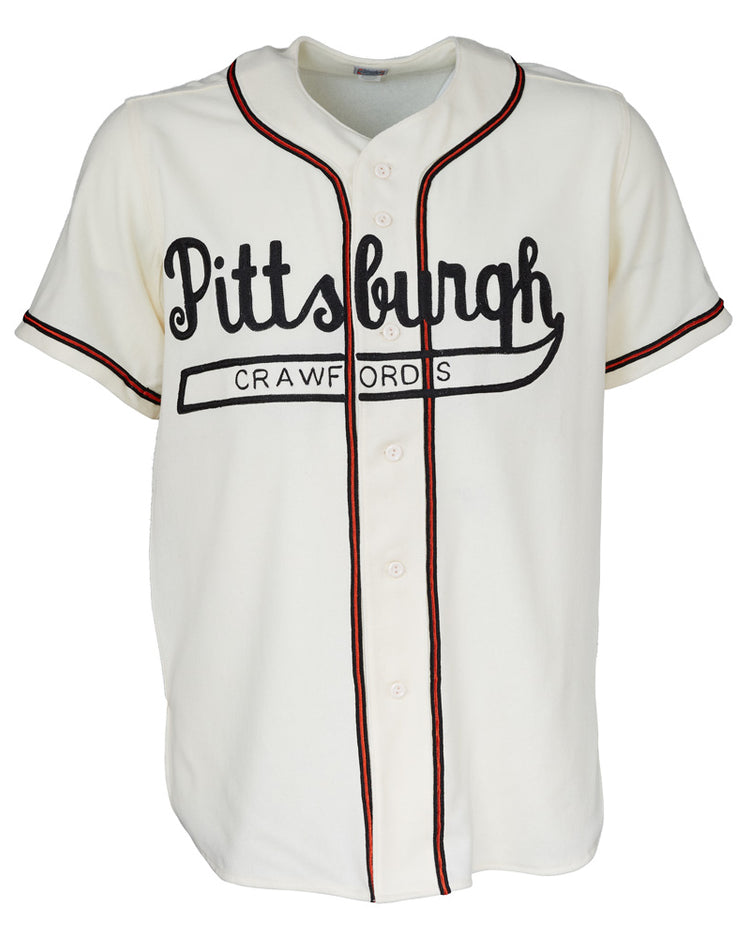 The EFF Pittsburgh Crawfords 1938 Home Jersey is a vintage-style white jersey with black and red trim, featuring bold Pittsburgh Crawfords text on the front.