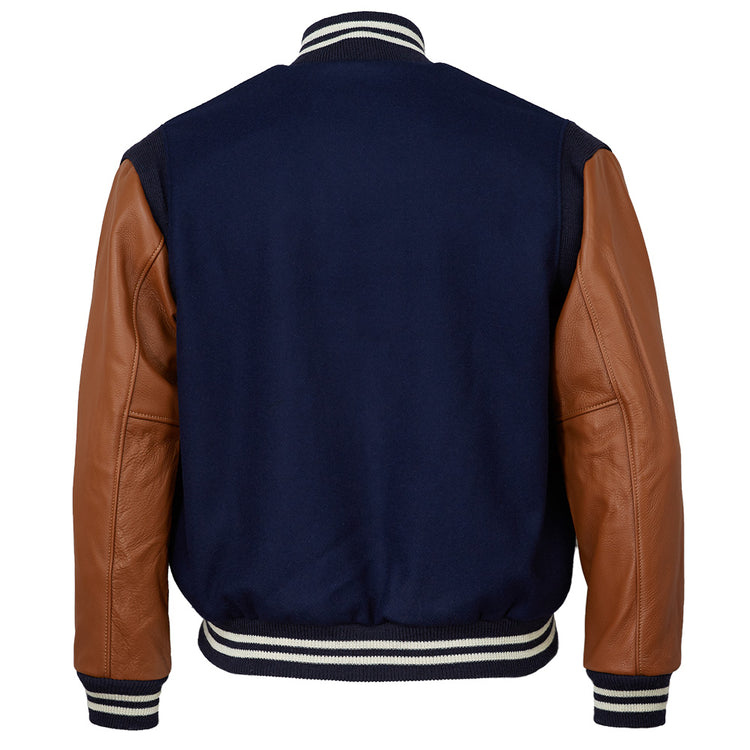 The EFF San Francisco Seals 1949 Authentic Jacket features a navy wool body, brown leather sleeves, and black, white, and navy striped ribbed cuffs, collar, and waistband. Shown from the back.