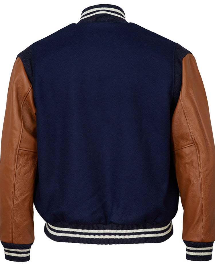 The EFF San Francisco Seals 1949 Authentic Jacket features a navy wool body, brown leather sleeves, and black, white, and navy striped ribbed cuffs, collar, and waistband. Shown from the back.