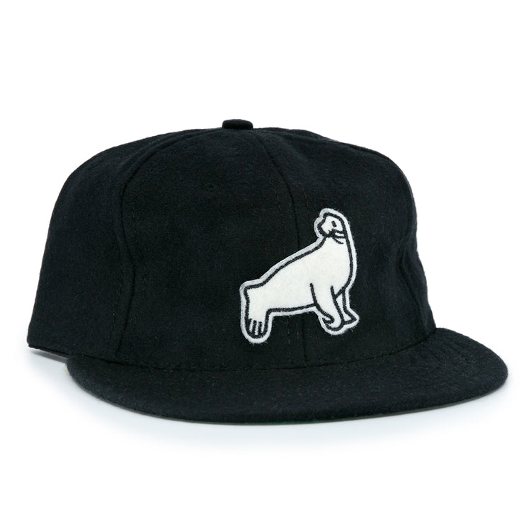 EFF San Francisco Seals Vintage Inspired Ballcap in black wool features a white embroidered ram on the front, taking cues from classic Pacific Coast League designs.