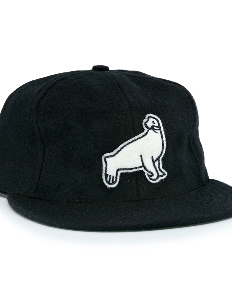 EFF San Francisco Seals Vintage Inspired Ballcap in black wool features a white embroidered ram on the front, taking cues from classic Pacific Coast League designs.