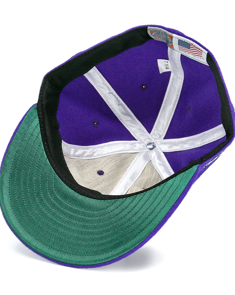 The image shows the inside of an EFF Spokane Canaries 1917 Vintage Ballcap, featuring a purple wool crown, green underside brim, white stitching, and inner labels including an American flag tag.
