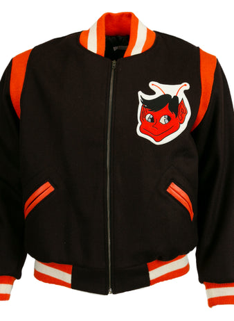 The EFF St. Louis Browns 1952 Authentic Jacket is a black vintage wool baseball jacket with orange and white striped cuffs, collar, and waistband, featuring a red cartoon devil face patch with black hair on the chest.