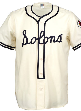 The EFF Sacramento Solons 1940 Home Jersey features a vintage cream look with blue Solons script, navy trim, and a cardinal patch on the left sleeve—honoring the Pacific Coast League legacy.