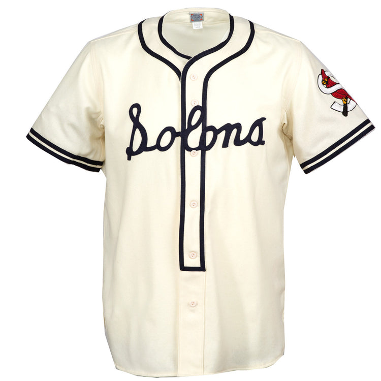 The EFF Sacramento Solons 1940 Home Jersey features a vintage cream look with blue Solons script, navy trim, and a cardinal patch on the left sleeve—honoring the Pacific Coast League legacy.