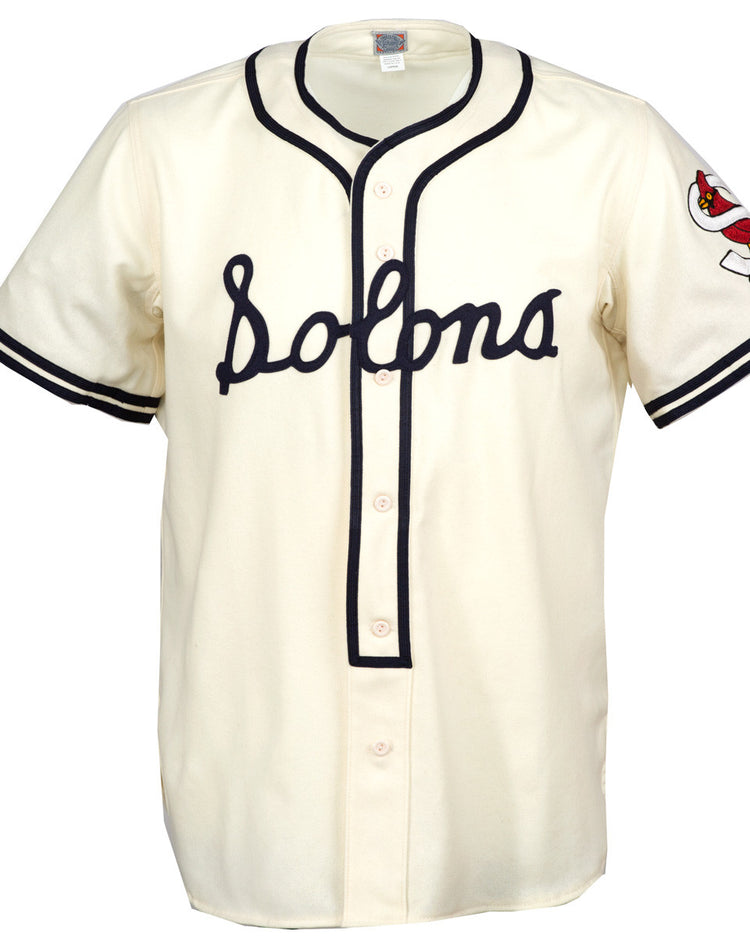 The EFF Sacramento Solons 1940 Home Jersey features a vintage cream look with blue Solons script, navy trim, and a cardinal patch on the left sleeve—honoring the Pacific Coast League legacy.
