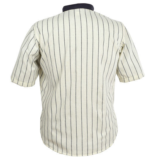 The EFF St. Louis Giants 1912 Home Jersey is a cream short-sleeve shirt with black pinstripes and a solid black collar—a faithful reproduction inspired by Negro league baseball, shown here from the back.