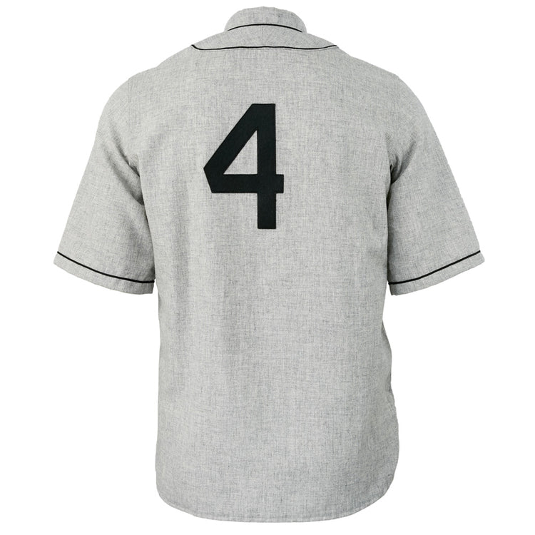 The EFF Texas Black Spiders 1938 Road Jersey is a gray short-sleeve button-up with black trim and a bold black number 4 on the back, inspired by the legendary barnstorming teams authentic uniform.