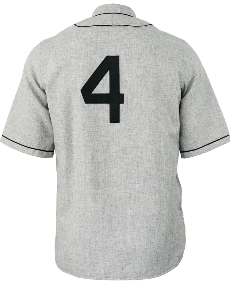 The EFF Texas Black Spiders 1938 Road Jersey is a gray short-sleeve button-up with black trim and a bold black number 4 on the back, inspired by the legendary barnstorming teams authentic uniform.
