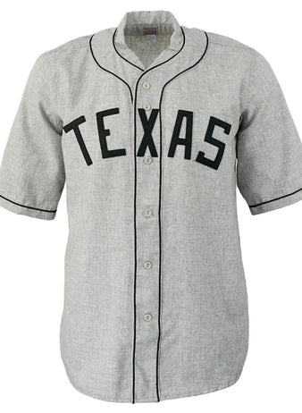 The EFF Texas Black Spiders 1938 Road Jersey is a gray button-up with black piping and TEXAS in bold black letters, authentically reproducing the historic barnstorming teams look and celebrating baseball heritage.