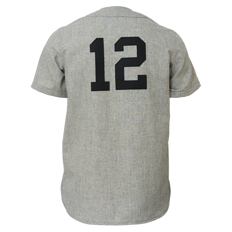 The EFF Trenton Giants 1950 Road Jersey is a gray short-sleeve shirt inspired by classic baseball flannels, featuring the number 12 in bold black on the back, reminiscent of Willie Mayss Negro leagues era.