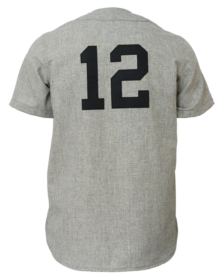 The EFF Trenton Giants 1950 Road Jersey is a gray short-sleeve shirt inspired by classic baseball flannels, featuring the number 12 in bold black on the back, reminiscent of Willie Mayss Negro leagues era.