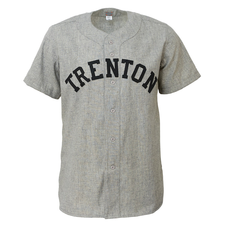 The EFF Trenton Giants 1950 Road Jersey is a gray, short-sleeved button-up with TRENTON in bold black letters, inspired by authentic flannel styles from the Willie Mays era Negro leagues.