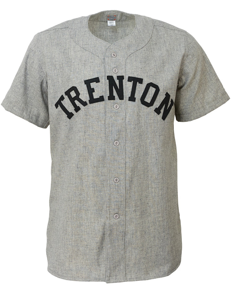 The EFF Trenton Giants 1950 Road Jersey is a gray, short-sleeved button-up with TRENTON in bold black letters, inspired by authentic flannel styles from the Willie Mays era Negro leagues.