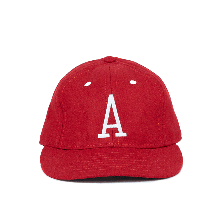 The EFF University of Arkansas 1968 Vintage Ballcap in red features a white, embroidered uppercase A on the front, evoking the classic Razorbacks style. Displayed against a plain white background.