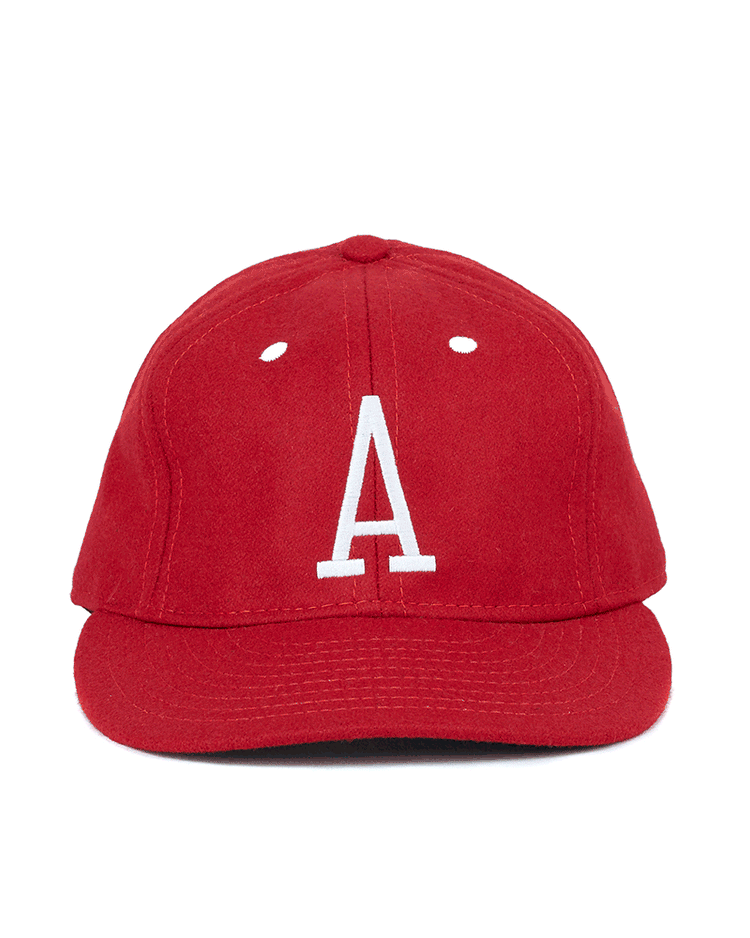 The EFF University of Arkansas 1968 Vintage Ballcap in red features a white, embroidered uppercase A on the front, evoking the classic Razorbacks style. Displayed against a plain white background.
