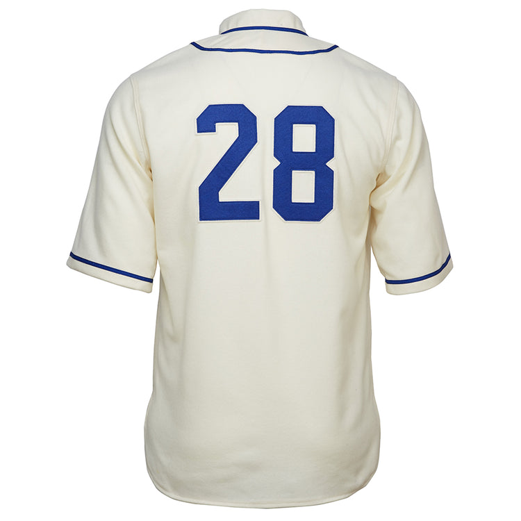 The EFF UCLA 1940 Home Jersey is a cream wool flannel authentic reproduction with blue trim and large blue number 28 on the back.