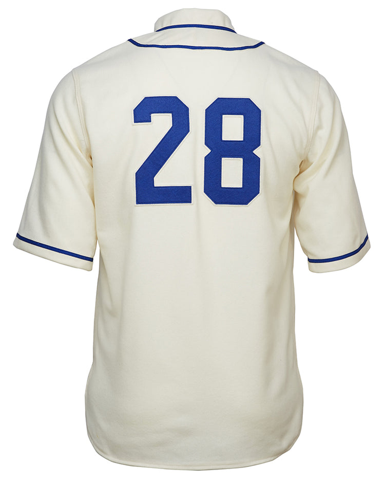 The EFF UCLA 1940 Home Jersey is a cream wool flannel authentic reproduction with blue trim and large blue number 28 on the back.