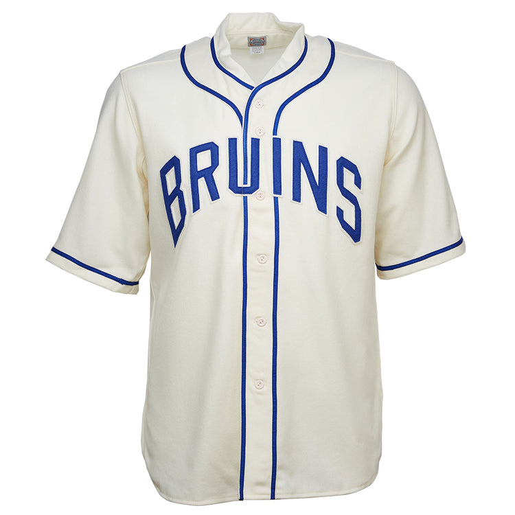 The EFF UCLA 1940 Home Jersey is a white vintage wool flannel with blue piping and BRUINS in bold blue across the chest. It features front buttons and short sleeves, faithfully replicating the original classic baseball look.