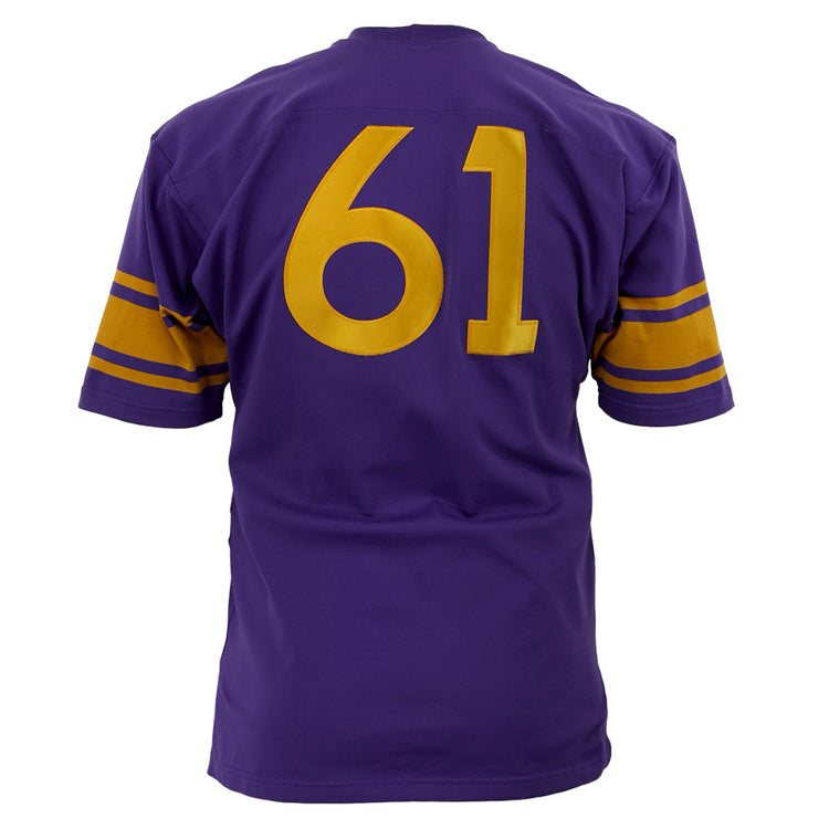 The EFF University of Washington 1970 Durene Football Jersey is a purple College Vault piece with yellow sleeve stripes and large yellow number 61 on the back, authentically reproducing the original UW football jersey.