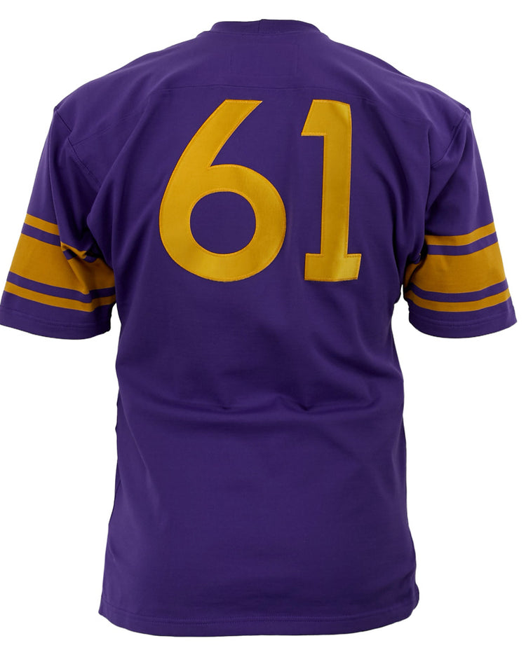 The EFF University of Washington 1970 Durene Football Jersey is a purple College Vault piece with yellow sleeve stripes and large yellow number 61 on the back, authentically reproducing the original UW football jersey.