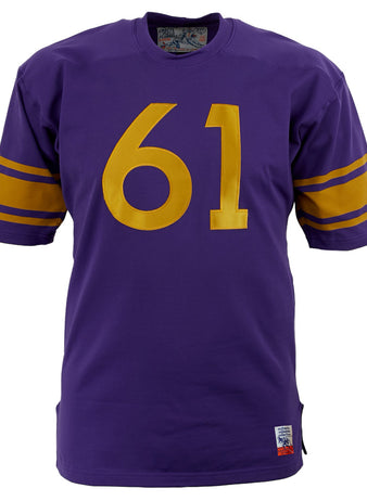 The EFF University of Washington 1970 Durene Football Jersey is an authentic purple replica with gold sleeve stripes and the number 61 in bold gold on the front.