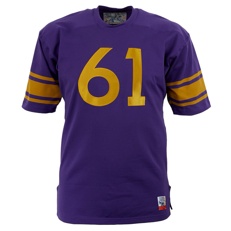 The EFF University of Washington 1970 Durene Football Jersey is an authentic purple replica with gold sleeve stripes and the number 61 in bold gold on the front.
