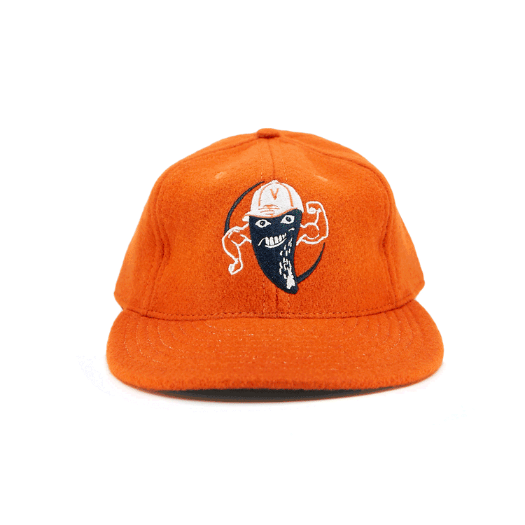 The EFF Victoria Mussels 1979 Vintage Ballcap is an orange cap featuring an embroidered grinning, masked face with a white V helmet, centered on the front panel.